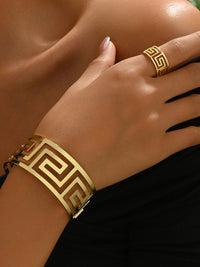 18K Gold - Plated Stainless Steel Geometric Bracelet and Ring Jewelry Set - Coolpeacock