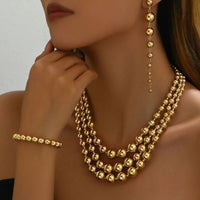 18K Stainless Steel Beaded Multi - Layered Necklace Bracelet Earrings Jewelry Set - Coolpeacock