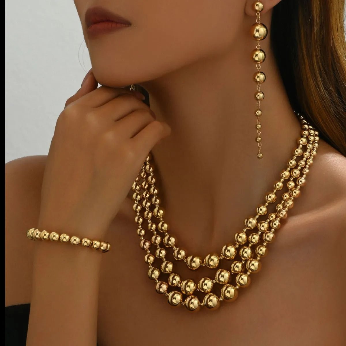 18K Stainless Steel Beaded Multi - Layered Necklace Bracelet Earrings Jewelry Set - Coolpeacock