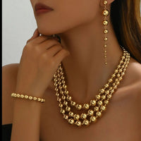 18K Stainless Steel Beaded Multi - Layered Necklace Bracelet Earrings Jewelry Set - Coolpeacock