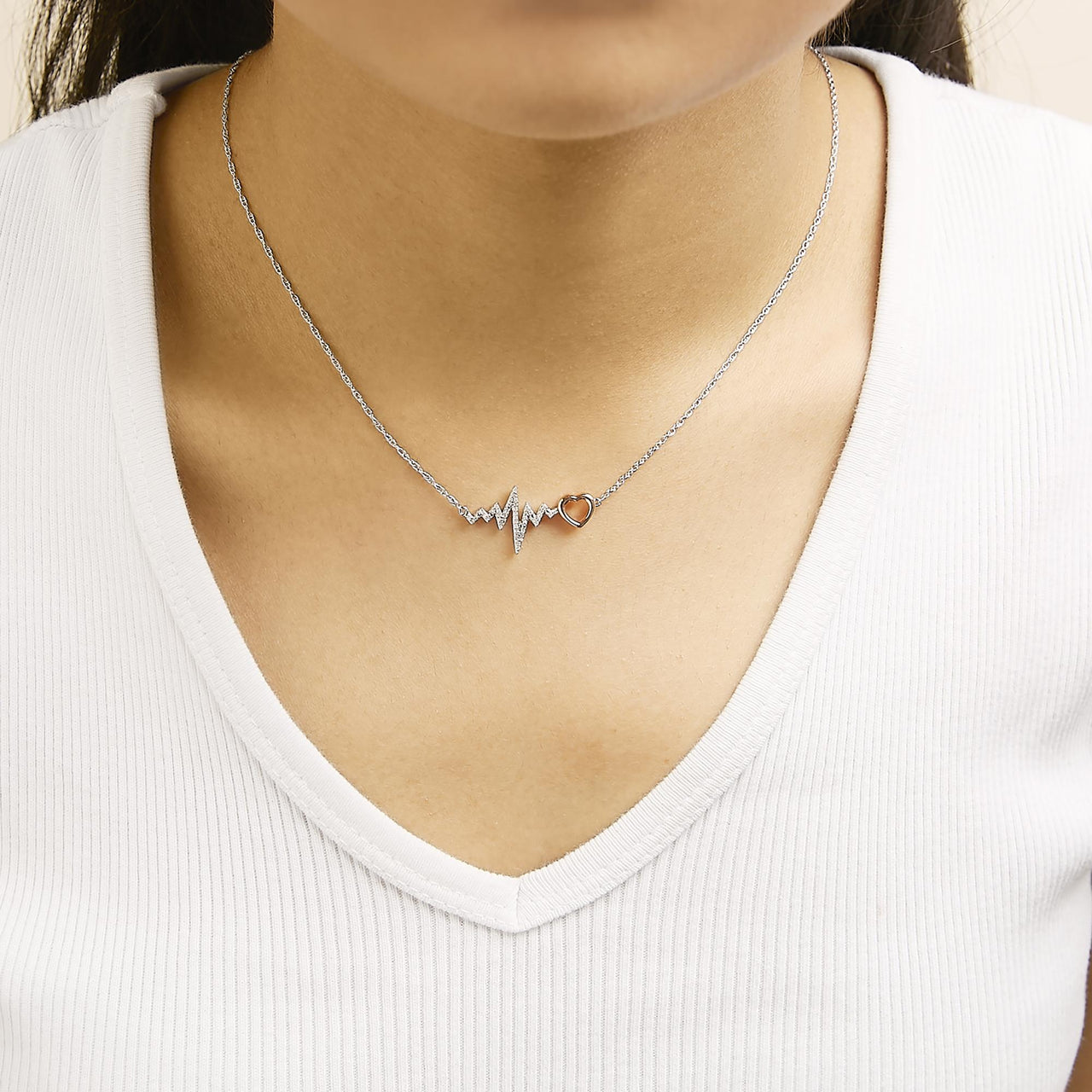 14K Rose Gold Plated Silver Diamond Accent Zig Zag Heart Necklace