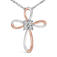 10K Rose Gold Plated Sterling Silver Diamond Accent Cross Pendant Necklace