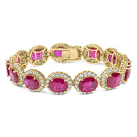 14K Yellow Gold 6 2/5 Cttw Diamond and 34.0 Cttw Oval Red Ruby Halo Link Bracelet (I-J Color, SI1-SI2 Clarity) - 7.25
