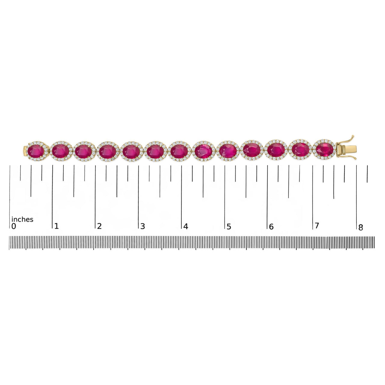 14K Yellow Gold 6 2/5 Cttw Diamond and 34.0 Cttw Oval Red Ruby Halo Link Bracelet (I-J Color, SI1-SI2 Clarity) - 7.25" Inches
