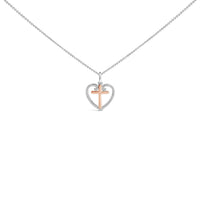 14K Rose Gold Plated Sterling Silver 1/5 Cttw Diamond Heart Cross Pendant Necklace