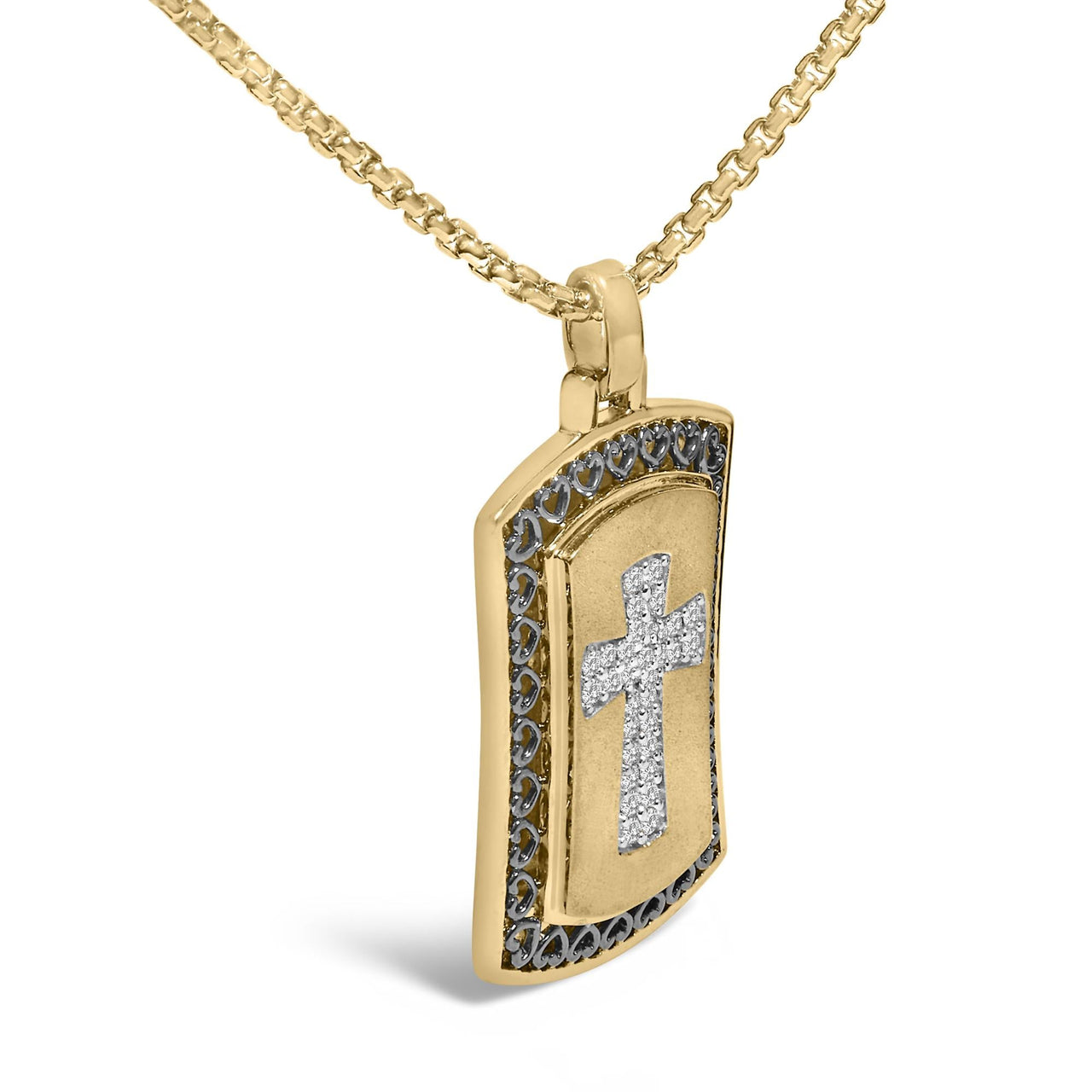 14K Yellow Gold Plated Sterling Silver 1/4 Cttw Diamond Cross Dog Tag Pendant Necklace