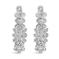 .925 Sterling Silver 1/2 Cttw Diamond Floral Motif Hoop Earrings