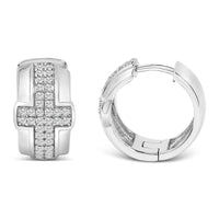 .925 Sterling Silver 1/2 Cttw Diamond Cross Domed Huggy Hoop Earrings