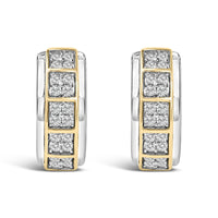 Two Tone .925 Sterling Silver 1/2 Cttw Diamond Square Box Huggie Hoop Earrings