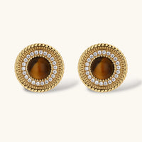 Gold-plated circular pendant necklace and matching earrings with natural stone centers and ornate rope detailing