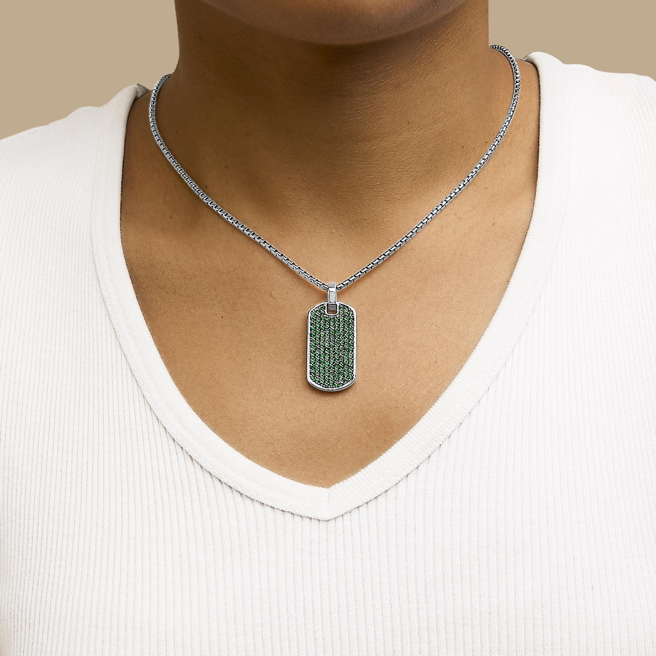 Men's .925 Sterling Silver Created Green Emerald Dog Tag Pendant Necklace - 22" Inches