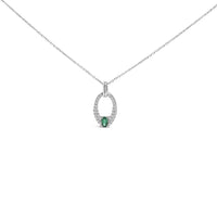 .925 Sterling Silver Created Green Emerald and White Sapphire Oval Shaped Pendant Necklace - 18