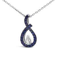 .925 Sterling Silver Created Blue and White Sapphire Teardrop Shaped Pendant Necklace - 18