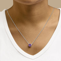 .925 Sterling Silver 7MM Bezel Set Created Gemstone Pendant Necklace - 18