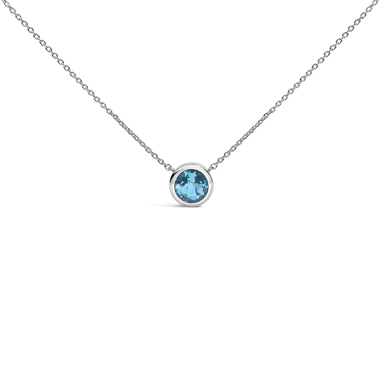 .925 Sterling Silver 7MM Bezel Set Created Gemstone Pendant Necklace - 18" Inches