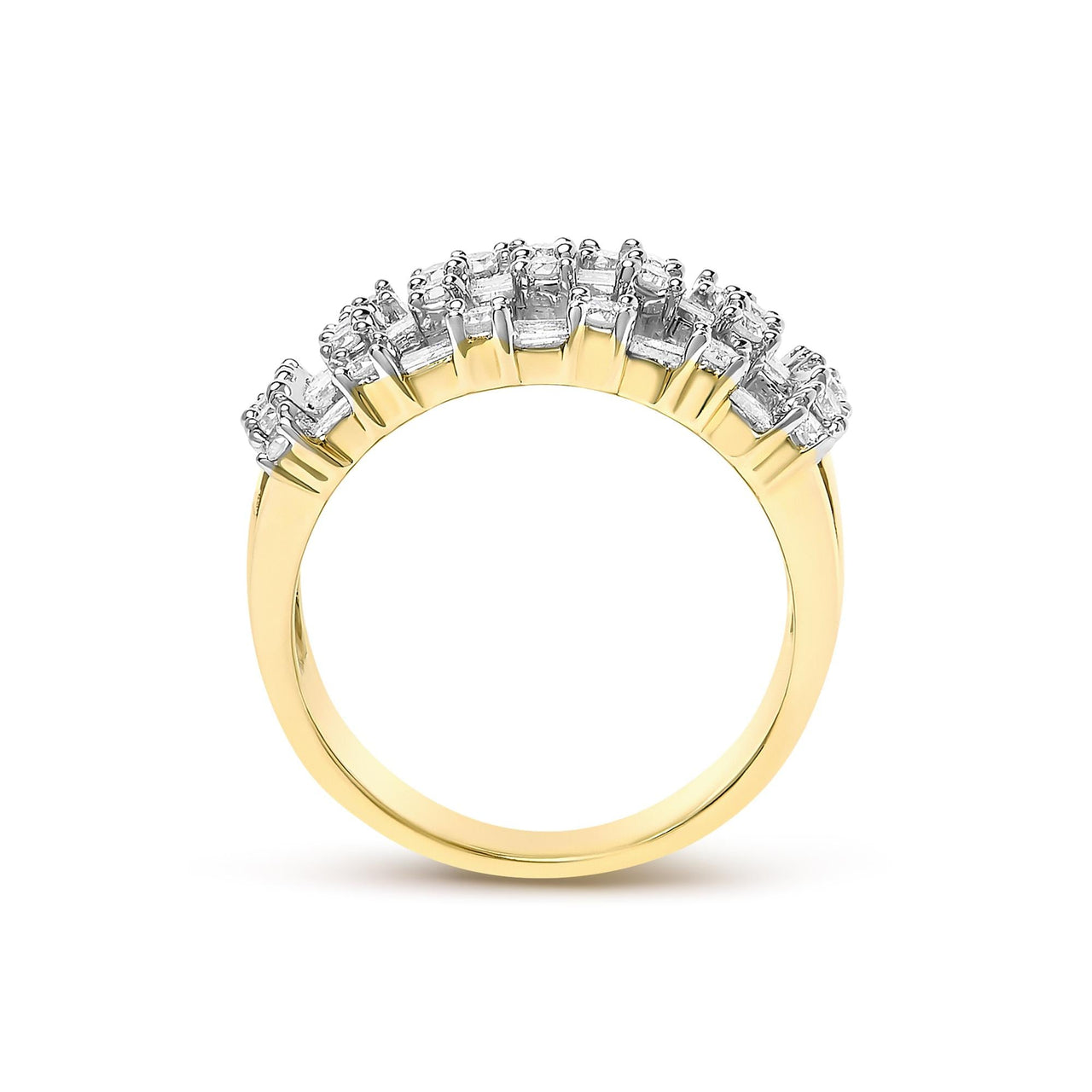 14K Yellow Gold 1.0 Cttw Round and Baguette Diamond Multi-Row Band Ring