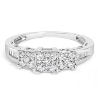 10K White Gold 1/2 Cttw Brilliant & Baguette Cut Diamond 3 Stone Design with 3 Square Clusters Engagement Ring (H-I Color, SI2-I1 Clarity)