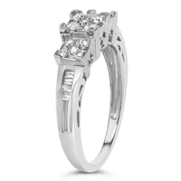 10K White Gold 1/2 Cttw Brilliant & Baguette Cut Diamond 3 Stone Design with 3 Square Clusters Engagement Ring (H-I Color, SI2-I1 Clarity)