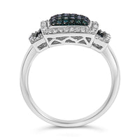 Black Rhodium Plated .925 Sterling Silver 1/2 Cttw White & Blue Diamond Square Halo Cocktail Ring (Fancy Blue & H-I Color, I2-I3 Clarity)