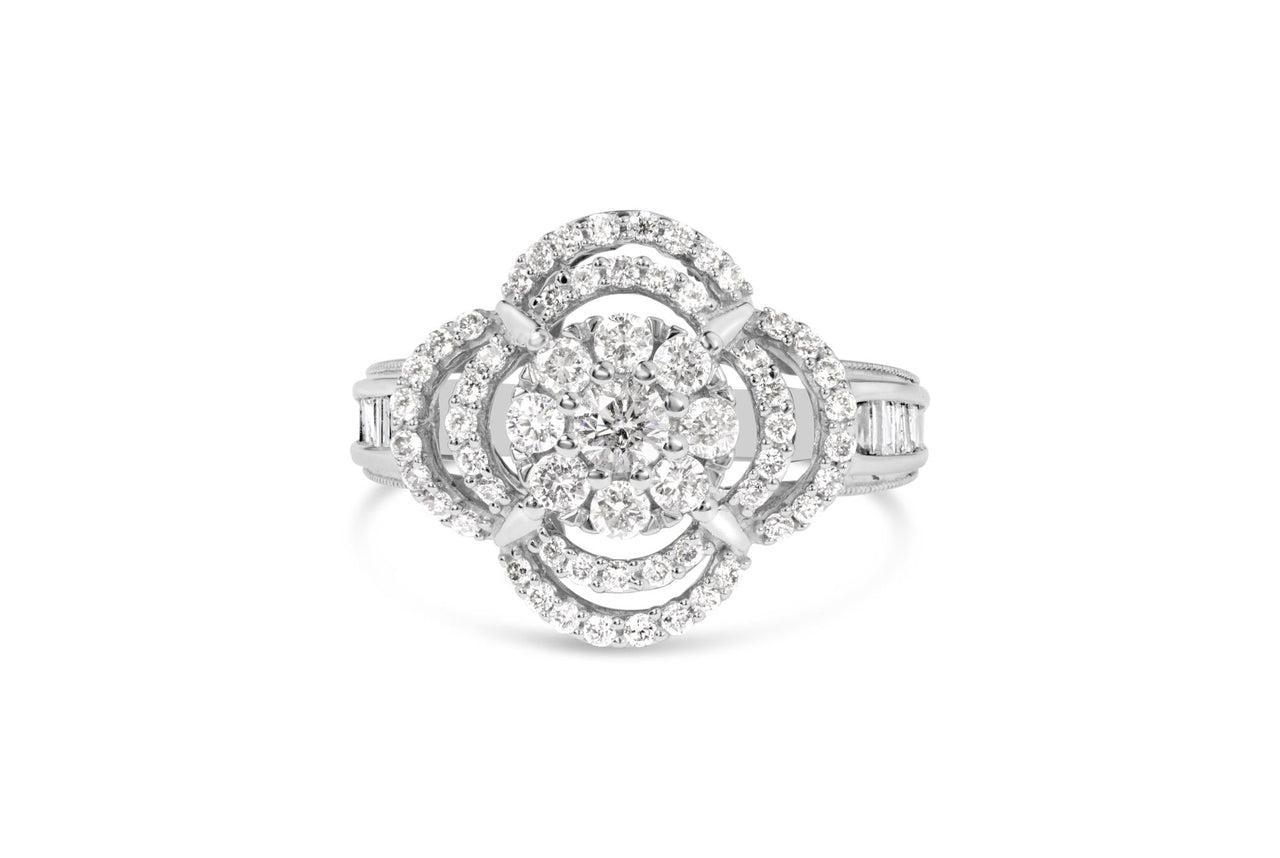 14K White Gold 1.0 Cttw Round & Baguette Cut Diamond Floral Cluster Quatrefoil Channel Set Band Cocktail Statement Ring (H-I Color, SI2-I1 Clarity)