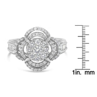 14K White Gold 1.0 Cttw Round & Baguette Cut Diamond Floral Cluster Quatrefoil Channel Set Band Cocktail Statement Ring (H-I Color, SI2-I1 Clarity)