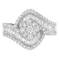 14K White Gold 1.0 Cttw Baguette & Brilliant-Cut Diamond Round Floral Cluster Engagement or Fashion Ring with Swirl Wrapped Triple Row Band (H-I Color, SI2-I1 Clarity)