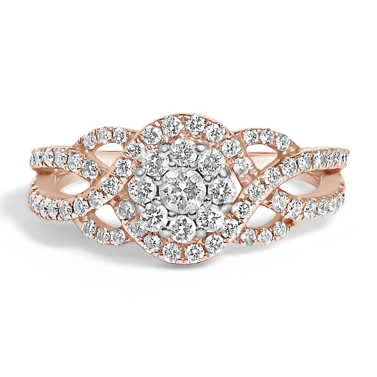 10K Rose Gold 3/4 Cttw Diamond Floral Cluster Head and Twisted Shank Cocktail  Ring (H-I Color, SI1-SI2 Clarity)-