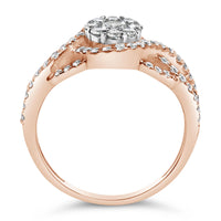 10K Rose Gold 3/4 Cttw Diamond Floral Cluster Head and Twisted Shank Cocktail  Ring (H-I Color, SI1-SI2 Clarity)-