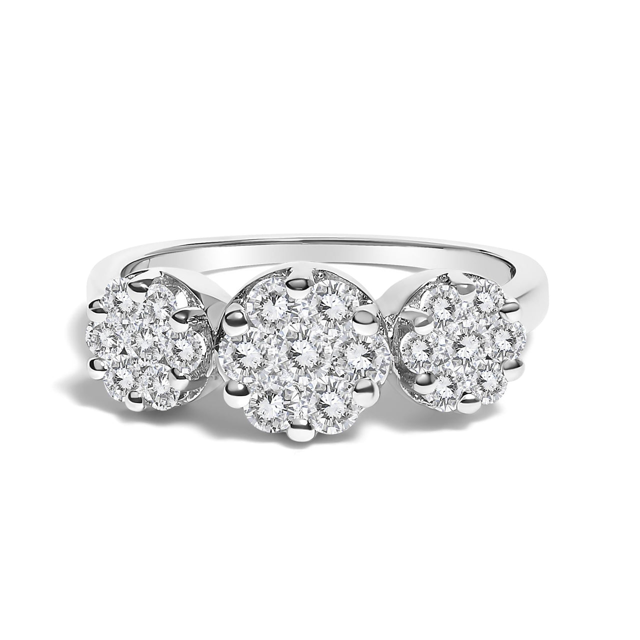 14K White Gold 1-1/4 Cttw Brilliant Cut Diamond Three Round Floral Clusters Engagement or Fashion Ring (H-I Color, SI2-I1 Clarity)
