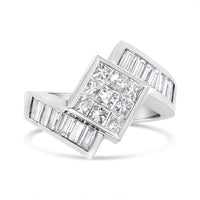14K White Gold 2 1/5 Cttw Invisible-Set Princess and Channel-Set Baguette Diamond Bypass Kite-Set Ring (G-H Color, VS2-SI1 Clarity)