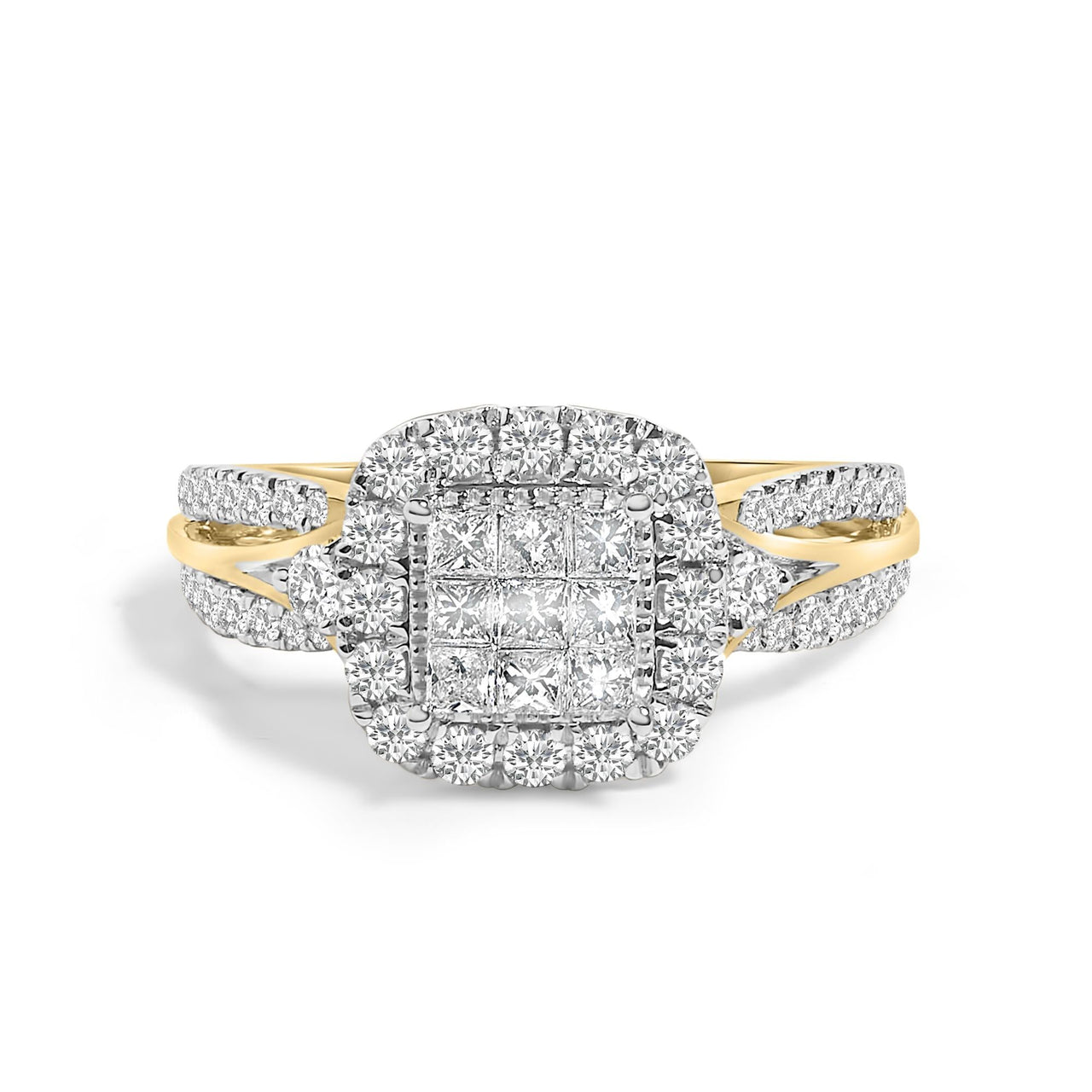 10K Yellow Gold 1.0 Cttw Diamond Composite Cushion-Shape Halo 3-Band-Look Engagement Ring (H-I Color, SI1-SI2 Clarity)