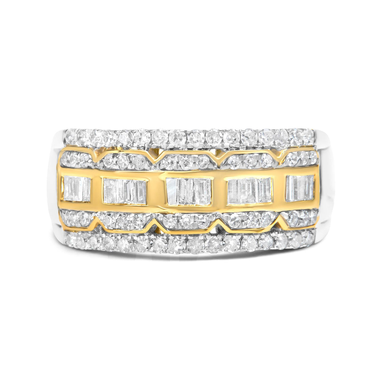 10K White and Yellow Gold 1.00 Cttw Baguette and Round cut Diamond Art Deco Multi-Row Ring Band (I-J Color, I1-I2 Clarity)