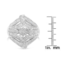 .925 Sterling Silver 1-1/8 Cttw Round & Baguette Diamond 'Flower & Fern' Cluster Cocktail Fashion Ring (I-J Color, I2-I3 Clarity)