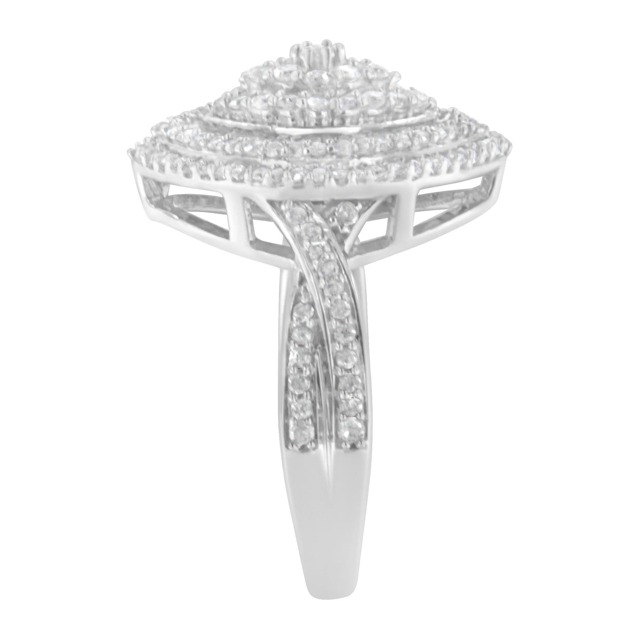 .925 Sterling Silver 1.0 Cttw Round & Baguette-Cut Diamond Marquise-Shaped Cluster Triple Stepped Halo Cocktail Fashion Ring (I-J Color, I2-I3 Clarity)