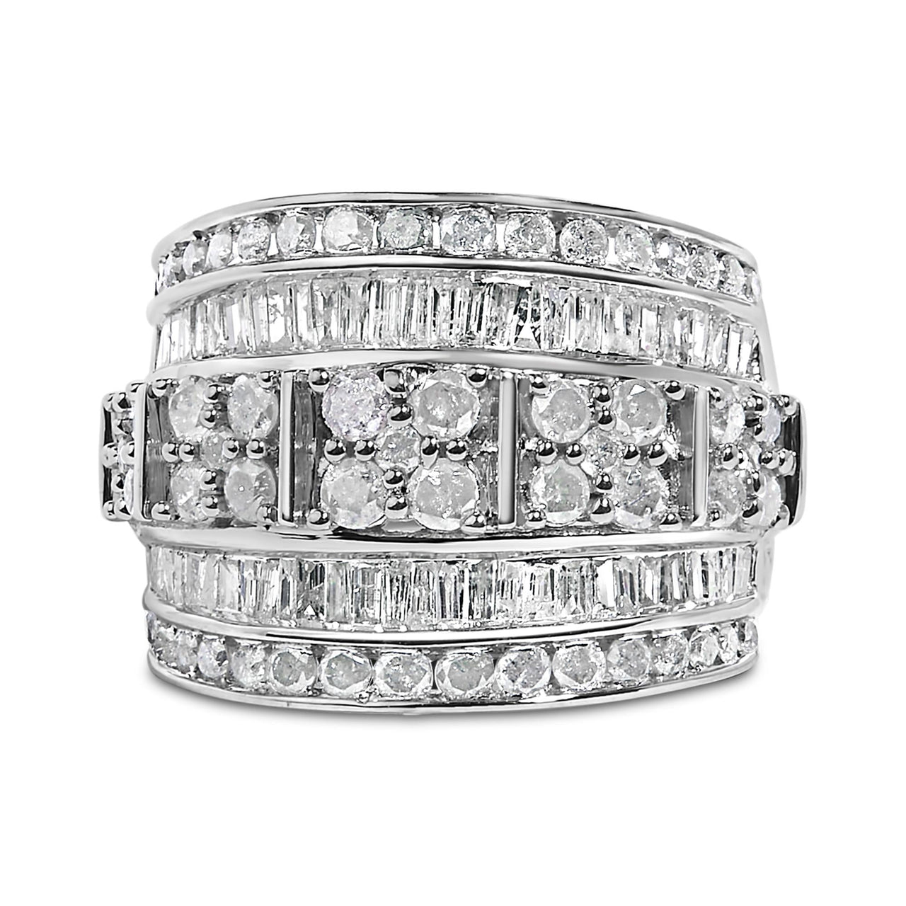 .925 Sterling Silver 2.0 Cttw Round & Baguette Cut Diamond Multi-Row Channel Set Tapered Cocktail Fashion Ring (I-J Color, I3 Clarity)