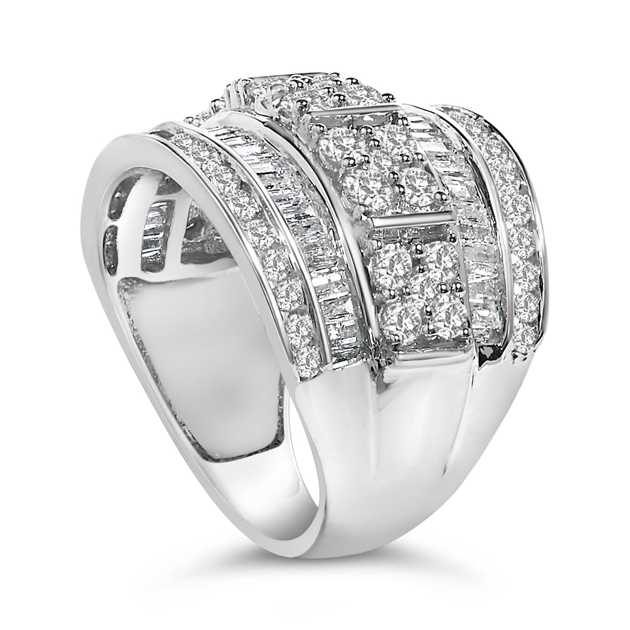 .925 Sterling Silver 2.0 Cttw Round & Baguette Cut Diamond Multi-Row Channel Set Tapered Cocktail Fashion Ring (I-J Color, I3 Clarity)