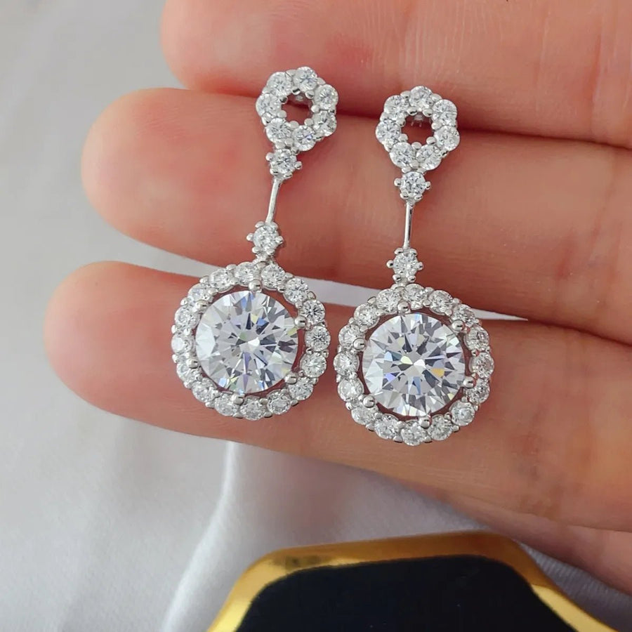 4 Carat Crystal Drop Dangle Earrings with Round Halo Design - Coolpeacock