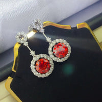 4 Carat Ruby Red Crystal Drop Earrings with Rhinestone Halo - Coolpeacock