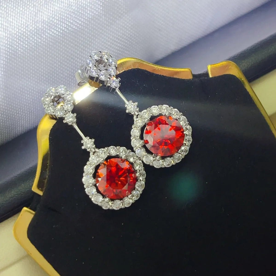 4 Carat Ruby Red Crystal Drop Earrings with Rhinestone Halo - Coolpeacock