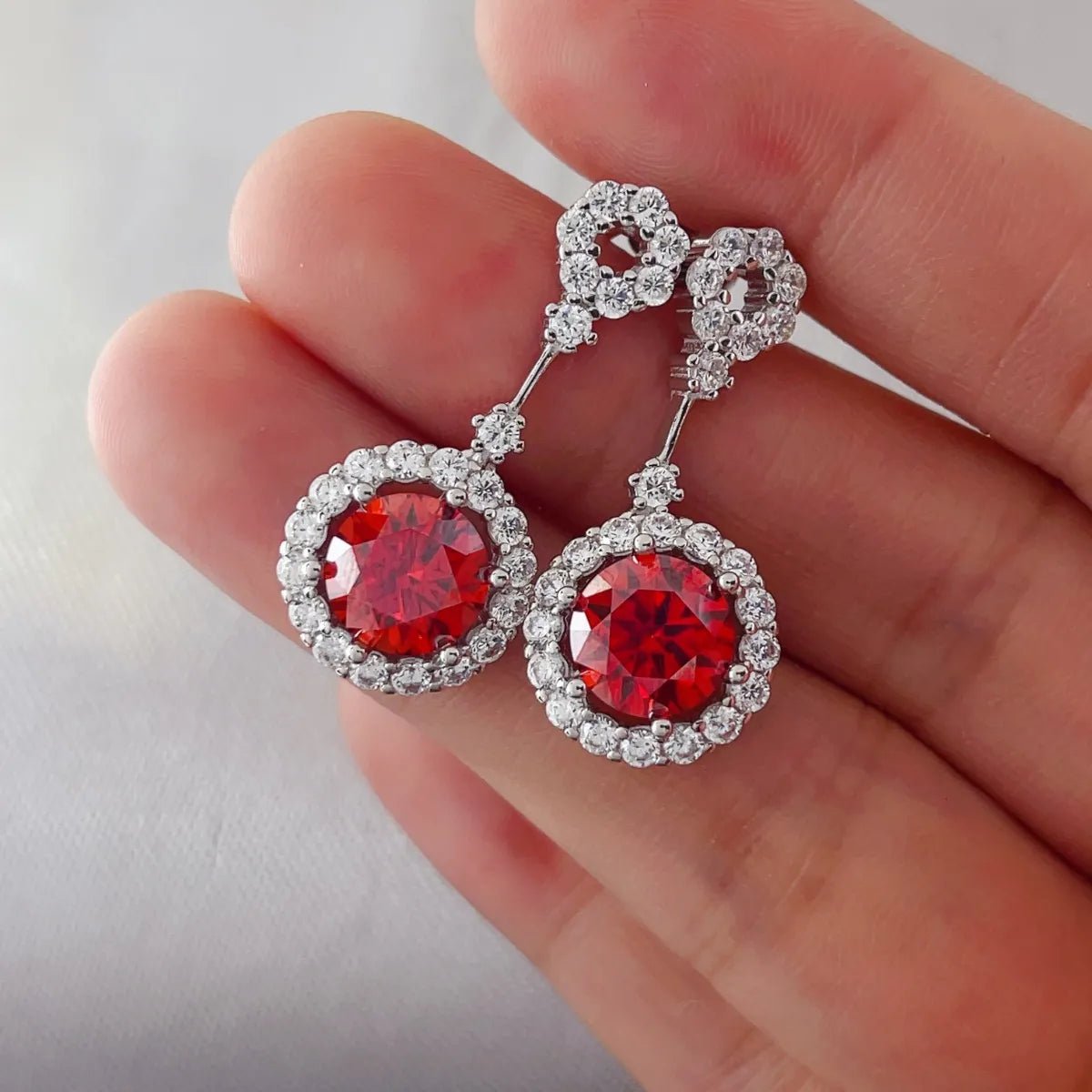 4 Carat Ruby Red Crystal Drop Earrings with Rhinestone Halo - Coolpeacock