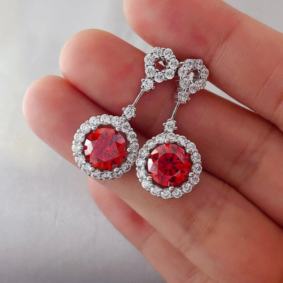 4 Carat Ruby Red Crystal Drop Earrings with Rhinestone Halo - Coolpeacock