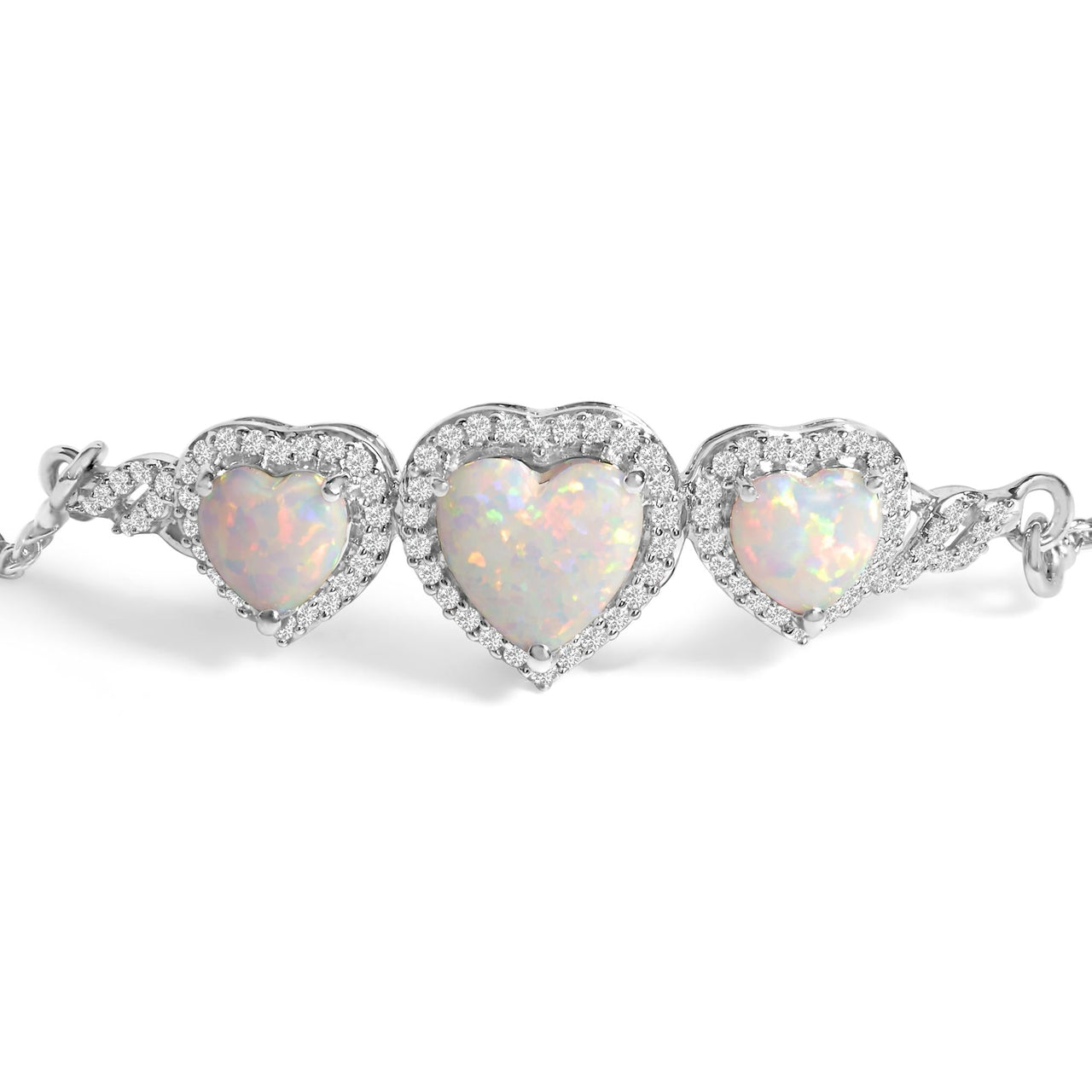 .925 Sterling Silver Created Opal Triple Heart and White Sapphire Bolo Bracelet