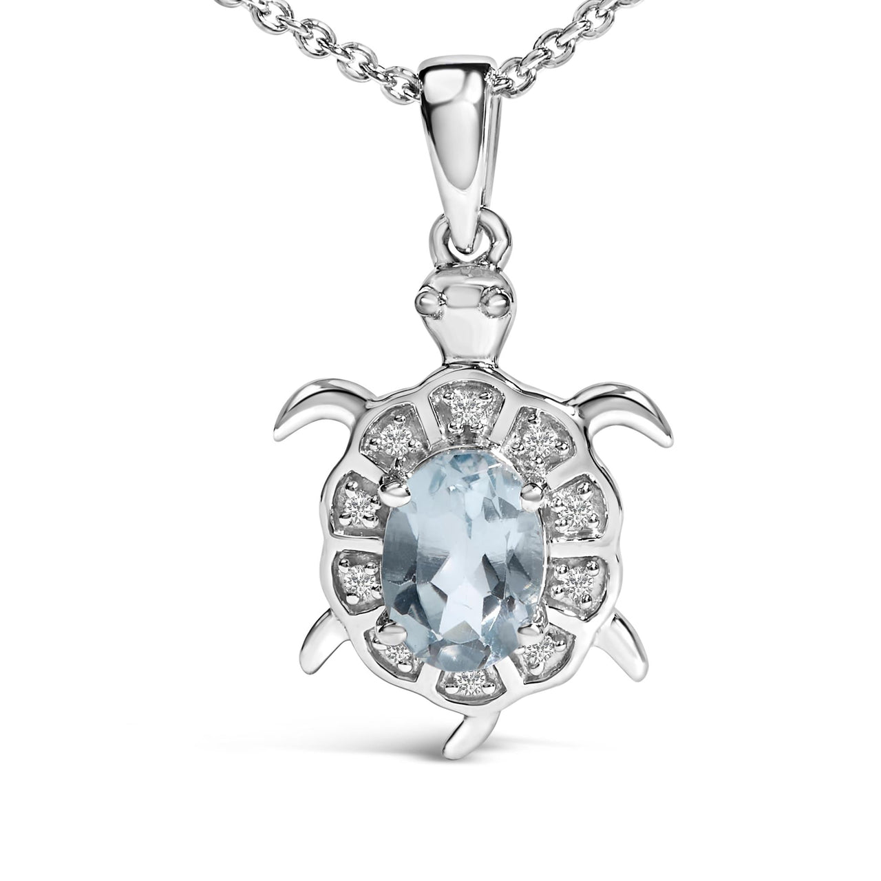 .925 Sterling Silver Created Blue Topaz and Sapphire Turtle Pendant Necklace