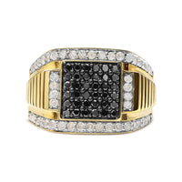 Men's 10K Yellow Gold 1-1/2 Cttw Black and White Diamond Square Cluster Cocktail Ring