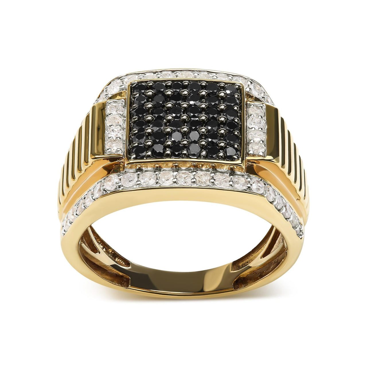 Men's 10K Yellow Gold 1-1/2 Cttw Black and White Diamond Square Cluster Cocktail Ring