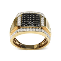 Men's 10K Yellow Gold 1-1/2 Cttw Black and White Diamond Square Cluster Cocktail Ring