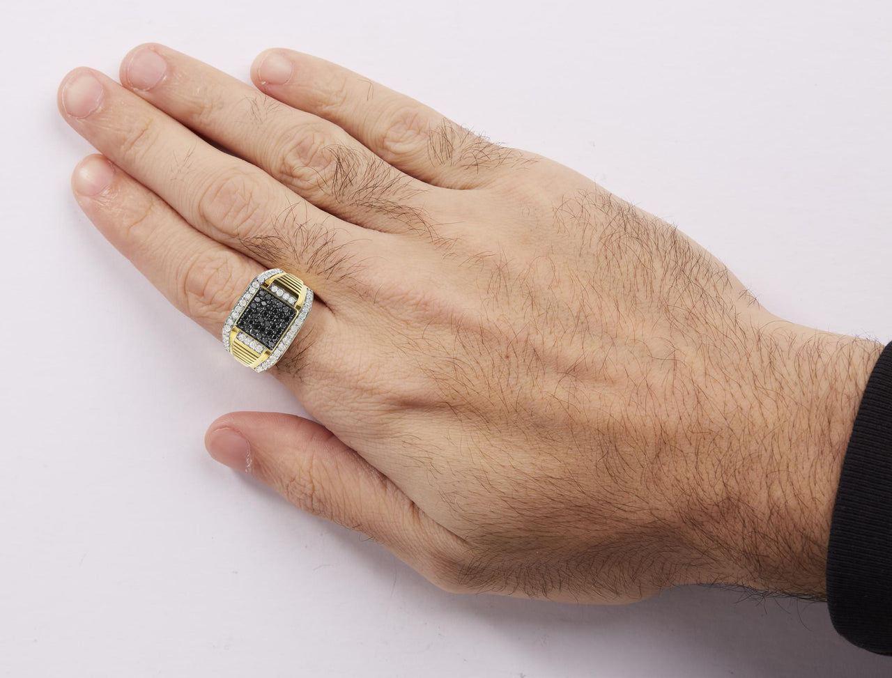 Men's 10K Yellow Gold 1-1/2 Cttw Black and White Diamond Square Cluster Cocktail Ring
