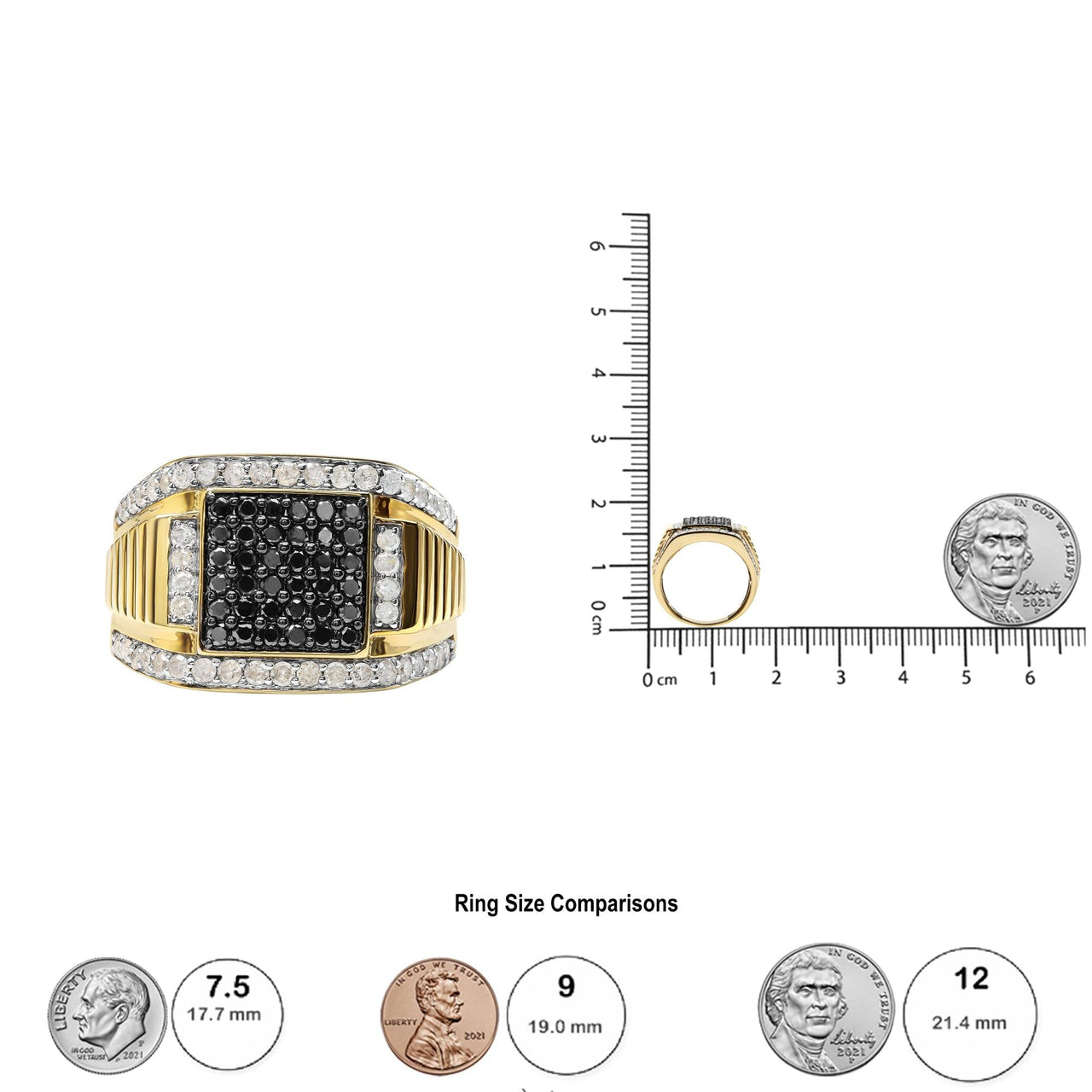Men's 10K Yellow Gold 1-1/2 Cttw Black and White Diamond Square Cluster Cocktail Ring