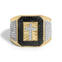 Men's 14K Yellow Gold Plated .925 Sterling Silver 1 1/2 Cttw White and Black Diamond Cross Signet Ring