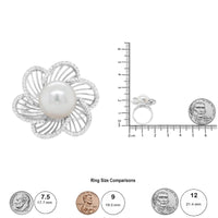 14K White Gold 11mm Round Pearl and 1/3 Cttw Round Diamond Openwork Flower Blossom Ring (H-I Color, VS1-VS2 Clarity)